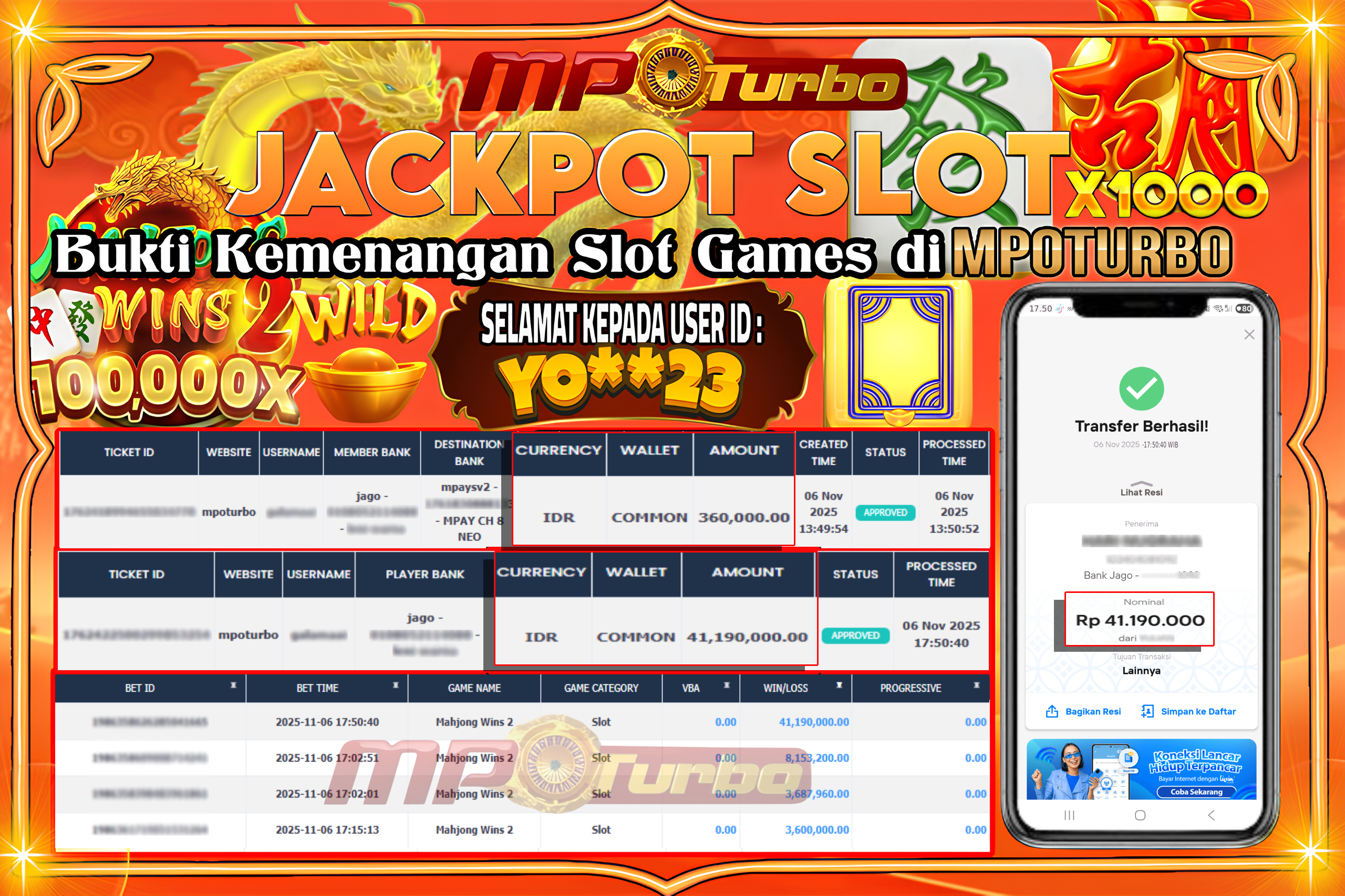 MPOTURBO JACKPOT MAHJONG WINS 2 - PRAGMATIC PLAY Rp 41,190,000.00,- LUNAS